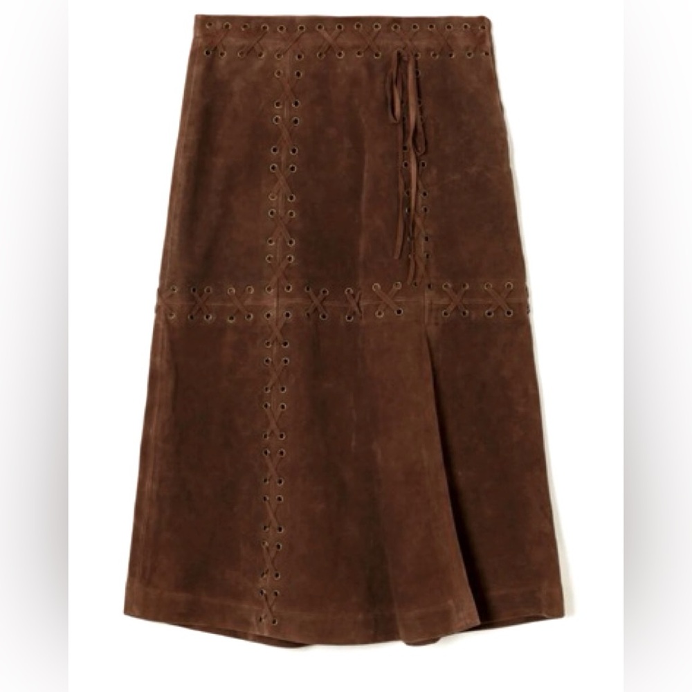 RE/DONE Goat Suede Skirt Leather MIDI Brown Walnut Suede Laced $1265